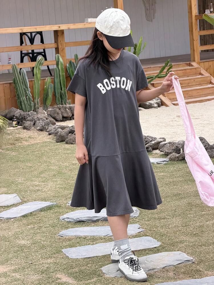 Tween Girls Round Neck Letter Print Short Sleeve Knit Dress, Fall Summer