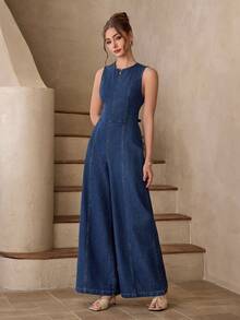 Selenza Bộ jumpsuit denim nữ kiểu dáng thường ngày, hở lưng, buộc dây, thích hợp cho kỳ nghỉ và mặc hàng ngày. - Màu xanh lam - Xem 5