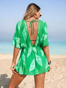 SHEIN Swim Lushore Áo khoác liền thân nữ, họa tiết lá cây dạng lưới, kiểu dáng thường ngày, thích hợp mặc ở nhà, đi biển, đi hồ bơi, mùa xuân/hè. - Màu xanh Bạc hà - Xem 2