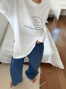 DAZY 2件套女士印花宽松长袖T恤和直筒长裤休闲睡衣套装，春季 - 白色 - 查看 5