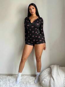 SHEIN SXY Bộ jumpsuit nữ gợi cảm, thoải mái, họa tiết chấm bi bướm, quần short co giãn mềm mại, thích hợp mặc ở nhà. - màu đen - Xem 6