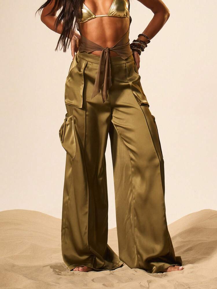 MISSGUIDED Oversized Women's Satin Wide Leg Cargo Pants With Tie Waist Detail High Rise Baggy Palazzo Trousers For Casual Evening Wear
