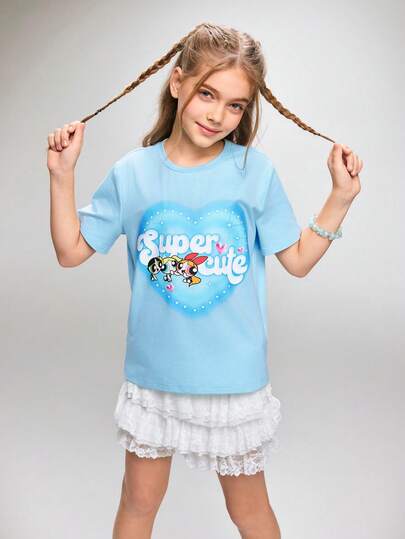 THE POWERPUFF GIRLS X SHEIN 少女休闲卡通爱心印花T恤，夏季