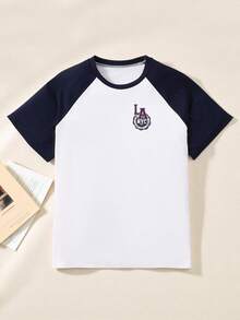 Casuvi Kids Tween Boy Casual Blue & White Color Block Raglan Sleeve Letter Graphic Round Neck T-Shirt, Left Chest LA Print Design, Suitable For Spring & Summer, Outdoor Play, School, Street Style, Party And Leisure Baseball Shirt For Kids Round Neck Short Sleeve Tee For Kids Kids Boy Summer Tshirt Boys T Shirts Half Sleeve - Blue and White - View 4