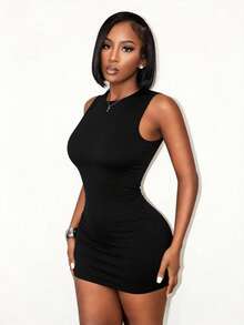 BamGleam SHEIN Seamless Knit Sexy Backless Bodycon Mini Dress - Black - View 1