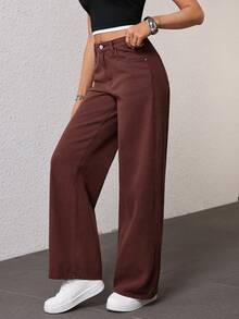 SHEIN ICON Quần jean denim nữ ống rộng có túi, dáng suông, đa năng. - màu nâu - Xem 4