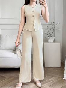 SHEIN Teen Girls Sleeveless Top And Pants Set, Metal Button Closure, Elegant Vintage Style,Kids - Apricot - View 3
