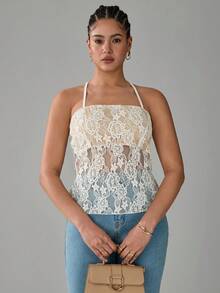 SHEIN Tall CURVE Plus Size Elegant Sexy Lace Backless Halter Top, Summer - Apricot - View 3