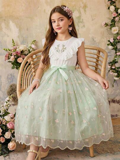 Vestido de tul con bordado floral y cinta de moño para niñas de 8 a 14 años, vestido formal de estilo princesa elegante para boda, Pascua, fiesta de cumpleaños