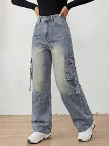 SHEIN ICON 女士高腰工装口袋阔腿宽松休闲牛仔裤 - 藍色 - 查看 3