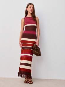 Nöista 针织无袖长连衣裙，横条纹设计，圆领，下摆饰有流苏。适合春季、夏季、复活节、节日、波西米亚风场合。 - 鏽棕色 - 查看 1