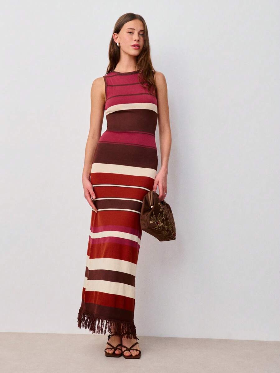 Nöista 针织无袖长连衣裙，横条纹设计，圆领，下摆饰有流苏。适合春季、夏季、复活节、节日、波西米亚风场合。 - 鏽棕色 - 查看 1