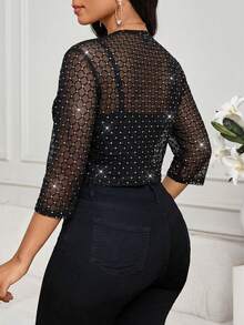 SHEIN Lady 女士水钻网眼开襟七分袖短款轻薄外套 - 黑色 - 查看 2