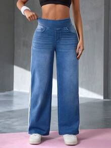 Flexra Jeans rectos de pierna ancha con rayas verticales de patchwork casual para mujer - Azul lavado medio - Ver 5