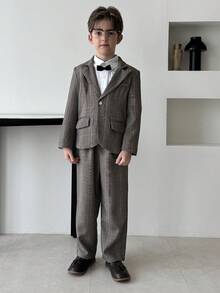 Dazy Kids Tween Boy Plaid Lapel NeckLong Sleeve Jacket And Pants Gentleman Suit Set - Grey - View 5