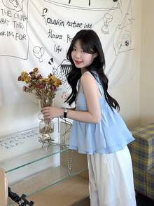 DAZY Women's Solid Color Pleated Casual Versatile Blouse For Dating & Outings Babydoll Top Summer - Blue - View 5