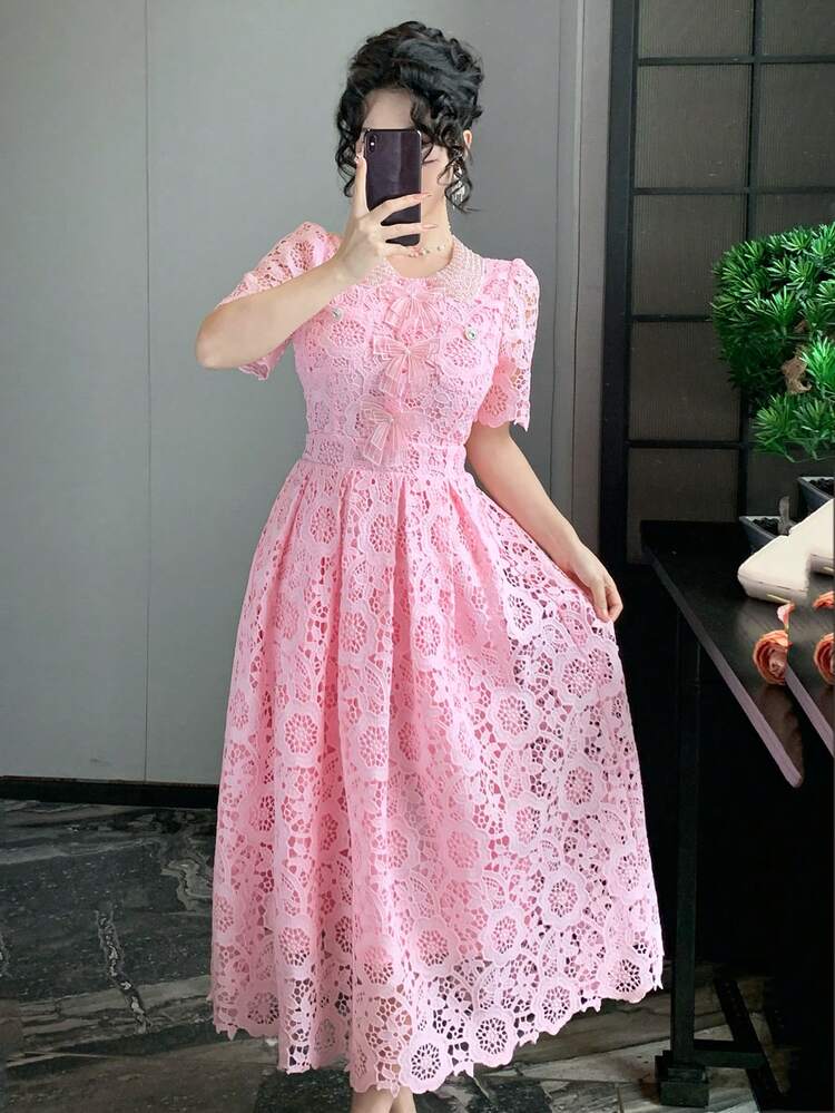 Lace Collar Waist Cinching Sweet Dress, High-End French Style Elegant Long Dress