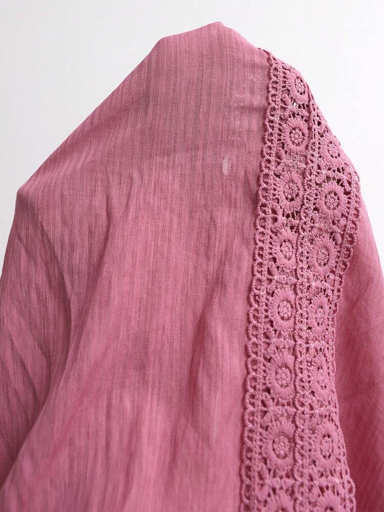 Plus Size Women's Pink V Neck Blouse With Crochet Lace Detail Short Sleeve Casual Summer Top Summer Outfit For Plus Size Women Festival Outfits For Plus Size Women Beach Outfits For Plus Size Women Vacation Outfits Plus Size  Women Country Concert Outfit  Boho Outfit