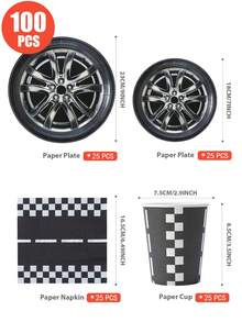 100-Piece Car Tire Party Tableware Set, Including 7/9-Inch Disposable Paper Plates, Car-Themed Party Decorative Paper Plates, Paper Cups, And Napkins, Disposable Paper Plates, Paper Cups, And Paper Towels, Car-Themed Party Supplies - Multicolor - View 2
