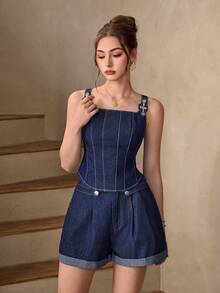 Selenza 女士休闲无袖牛仔上衣，夏季 - 藍色 - 查看 7