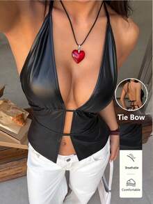 FavEase 女士复古甜美弹力针织涂层PU性感深V露背系带上衣 - 黑色 - 查看 1