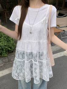 FRIFUL 女士格子吊带背心，蝴蝶结肩带，A字型多层拼接休闲背心，秋季款 - 白色 - 查看 8