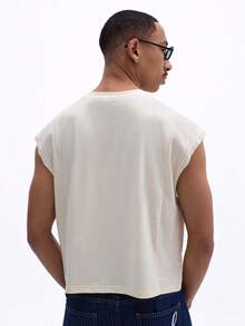 SUMWON Áo tank top nam dáng ngắn, cổ tròn, không tay, chất liệu cotton pha, in chữ Los Angeles, phong cách thường ngày, đường phố, cổ điển, thích hợp cho mùa hè. - Màu be - Xem 2