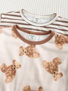 SHEIN Bộ 4 món hình gấu bông, gấu nâu, sọc, thoáng khí, mát mẻ, mềm mại, êm ái cho bé trai, đồ ngủ rộng rãi thoải mái, phù hợp cho mùa hè. Bộ đồ ngủ mùa hè cho bé trai, bộ đồ ngủ hình gấu cho bé trai. - Nhiều màu - Xem 3