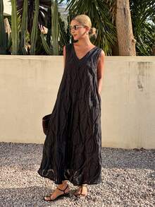 Livesso Women's V-Neck Casual Loose Straight Lace Chiffon Beach Dress, Elegant For Commuting, Spring & Summer - Black - View 5