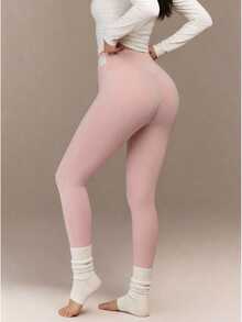 Menodora SHEIN Sport Quần legging thể thao nữ tối giản, cạp cao, co giãn, ôm bụng, phối màu tương phản, thích hợp cho kỳ nghỉ hè, quà tặng Valentine cho nữ, ngày lễ tình nhân, trang phục thường ngày, đồ thể thao nữ, quần tập gym màu hồng, quần tập yoga màu hồng. - Hồng - Xem 1