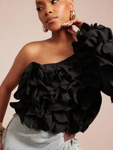 Vixey One Shoulder Layered Ruffle Boho Top - Black - View 4