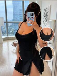 ZzzCrew Đầm ngủ mini gợi cảm, ôm sát, phối ren, xẻ tà, cỡ lớn. - màu đen - Xem 7