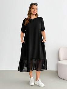 Shapeblank Đầm ngắn tay bằng chiffon màu đen dáng lửng phối họa tiết, thoải mái, dễ mặc, đa năng, tôn dáng dành cho nữ cỡ lớn thời trang xuân/hè, trang phục mùa hè, đầm có túi, kiểu dáng đơn giản. - màu đen - Xem 7