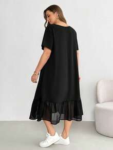 Shapeblank Đầm ngắn tay bằng chiffon màu đen dáng lửng phối họa tiết, thoải mái, dễ mặc, đa năng, tôn dáng dành cho nữ cỡ lớn thời trang xuân/hè, trang phục mùa hè, đầm có túi, kiểu dáng đơn giản. - màu đen - Xem 2