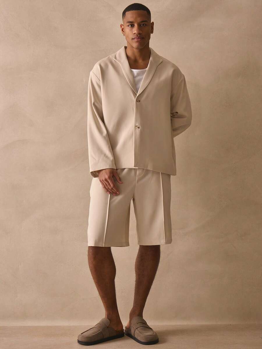 Musero 长款前缝褶裥细节弹力抽绳腰带短裤 春夏 - 卡其色 - 查看 1