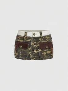ROMWE Grunge Punk Women's Camouflage Pocket Single-Breasted Fashionable Versatile Date Outing Denim Mini Skirt - Multicolor - View 1