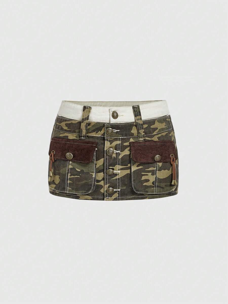 ROMWE Grunge Punk Women's Camouflage Pocket Single-Breasted Fashionable Versatile Date Outing Denim Mini Skirt - Multicolor - View 1