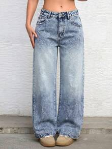 SHEIN ICON Quần jeans ống đứng dáng thường ngày cho nữ, kiểu dáng wash. - Rửa nhẹ - Xem 1