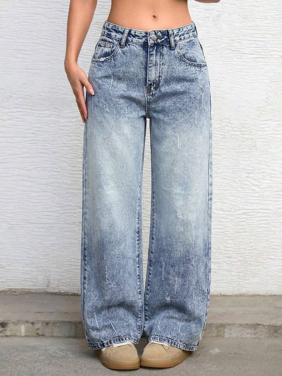 SHEIN ICON Quần jeans ống đứng dáng thường ngày cho nữ, kiểu dáng wash. - Rửa nhẹ - Xem 1