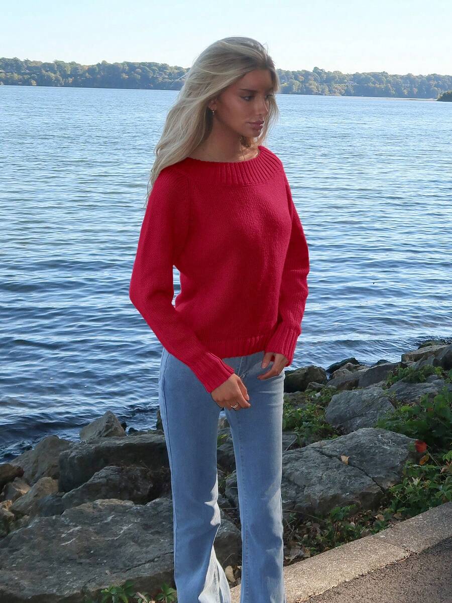 Sydney Algeri 女式不对称肩部不对称颈部两用纯色长袖毛衣，秋冬针织套头衫秋季 - 紅色 - 查看 1