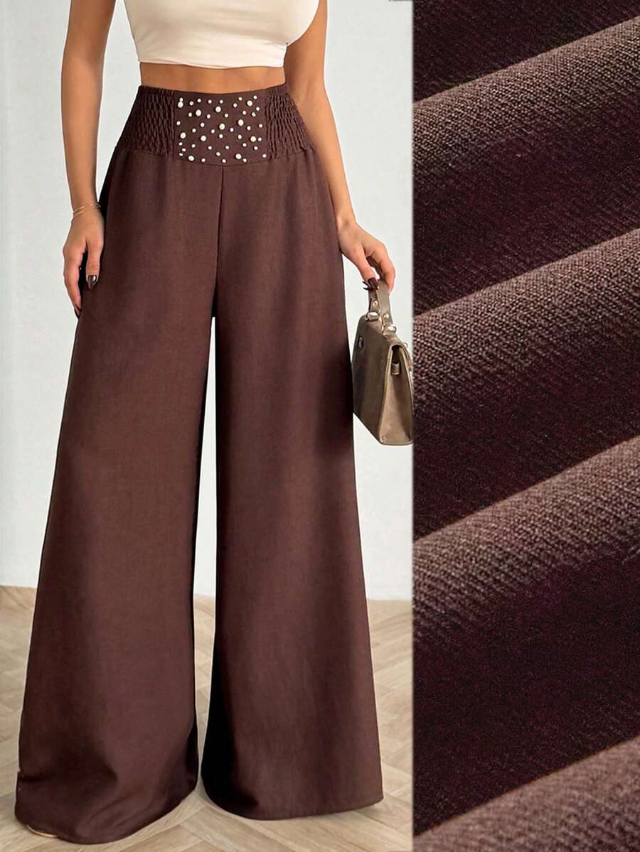EURMUSE Pantalones anchos elegantes y de moda con adornos de perlas - Café integral - Ver 1