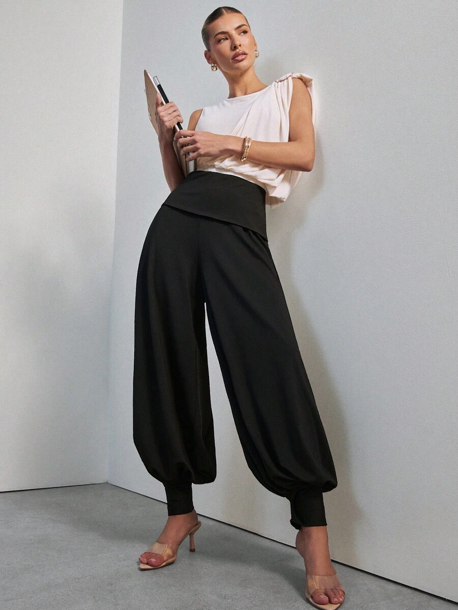 Hauture Women's Sexy Office Wear Balloon Pant With Buttoned Cuff And Fold Over Waistband - Black - View 1