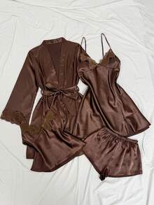 SilkySpell 四件套：刺绣V领仿丝吊带睡裙+吊带背心和短裤+睡袍 - 咖啡棕 - 查看 3