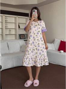 Teen Girl Short Sleeve Round Neck Digital Print Purple Floral, Comfortable Home Dress With Purple Ruffle Hem Design - Apricot - View 3