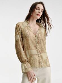 Aveloria Modichic Áo sơ mi dài tay nữ bằng chiffon in họa tiết paisley, cổ chữ V, phối bèo nhún, tay loe, kiểu dáng tối giản, đa năng, phù hợp đi làm và đi nghỉ mát. - Nhiều màu - Xem 4