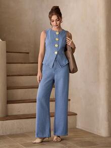 Selenza Women's Metal Single-Breasted Vest And Wide-Leg Jeans Casual Suit - Blue - View 6