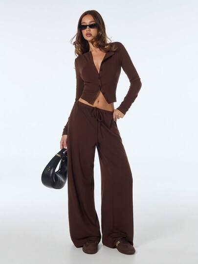 SHEIN ICON Women's Solid Color Drawstring Waist Casual Versatile Wide Leg Pants For Daily Wear