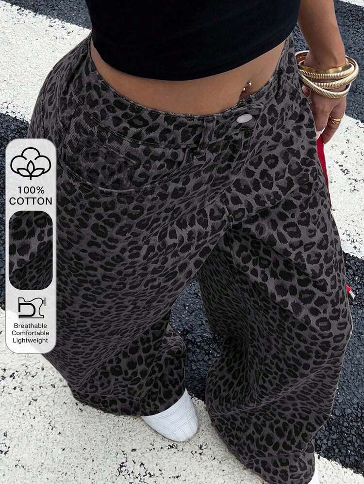 Women's Fashionable Comfortable Breathable Leopard Print Loose Casual Jeans Y2k