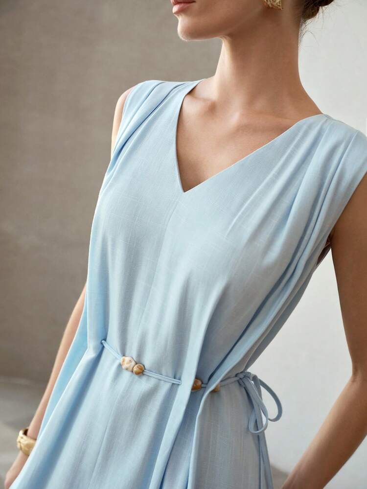 MINIMALIST LINEN SLEEVELESS V-NECK BEADED WAIST TIE DRESS, ELEGANT & SLIMMING SUMMER DRESS FOR WOMEN