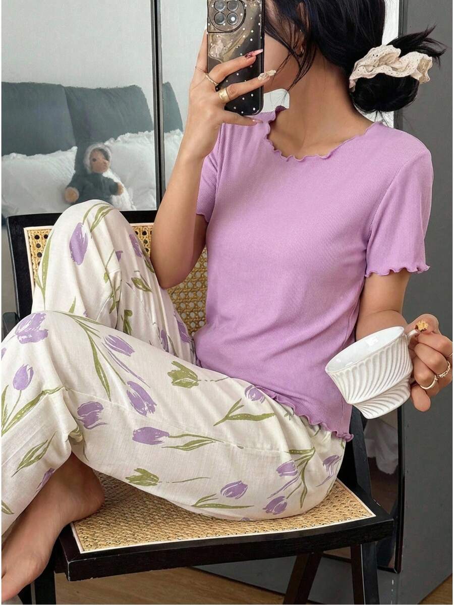 女童休闲纯色短袖T恤和数码印花宽松长裤家居服套装，夏季 - 紫色 - 查看 1